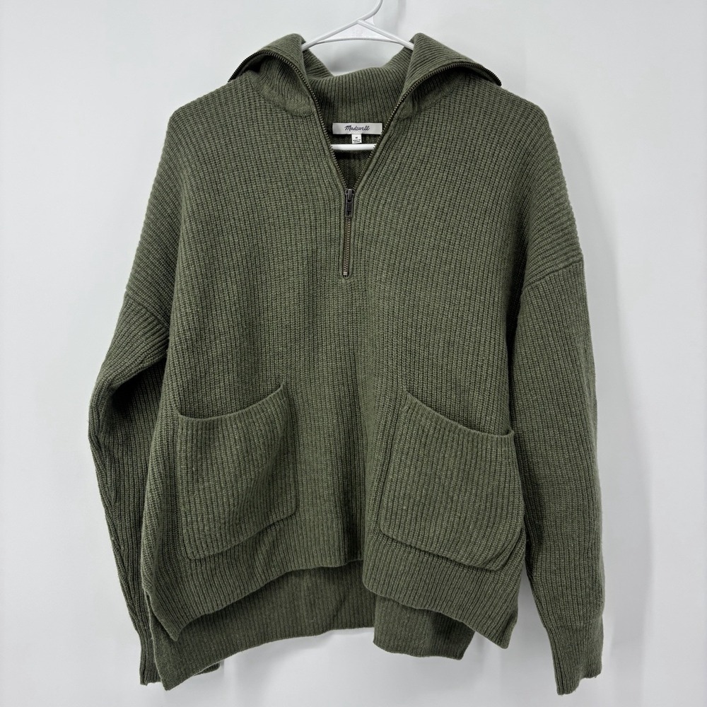 Madewell Glenbrook Half Zip Pullover Sweater Green Merino Wool Size Medium
